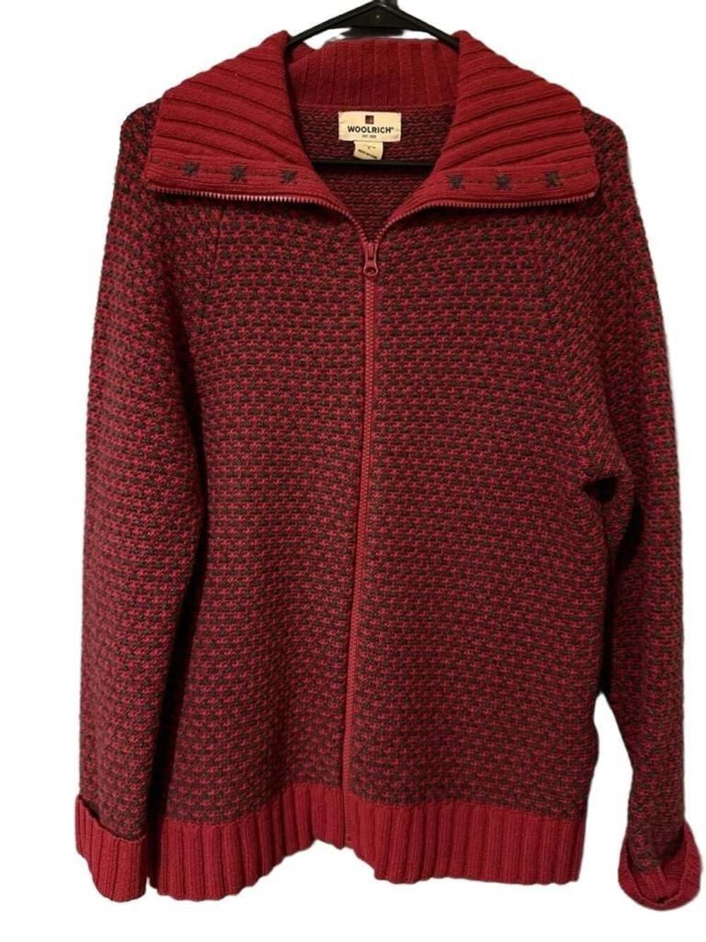Woolrich Women's Red and Grey Knit Cross-stitch Collar Full-Zip Cardigan Sweater